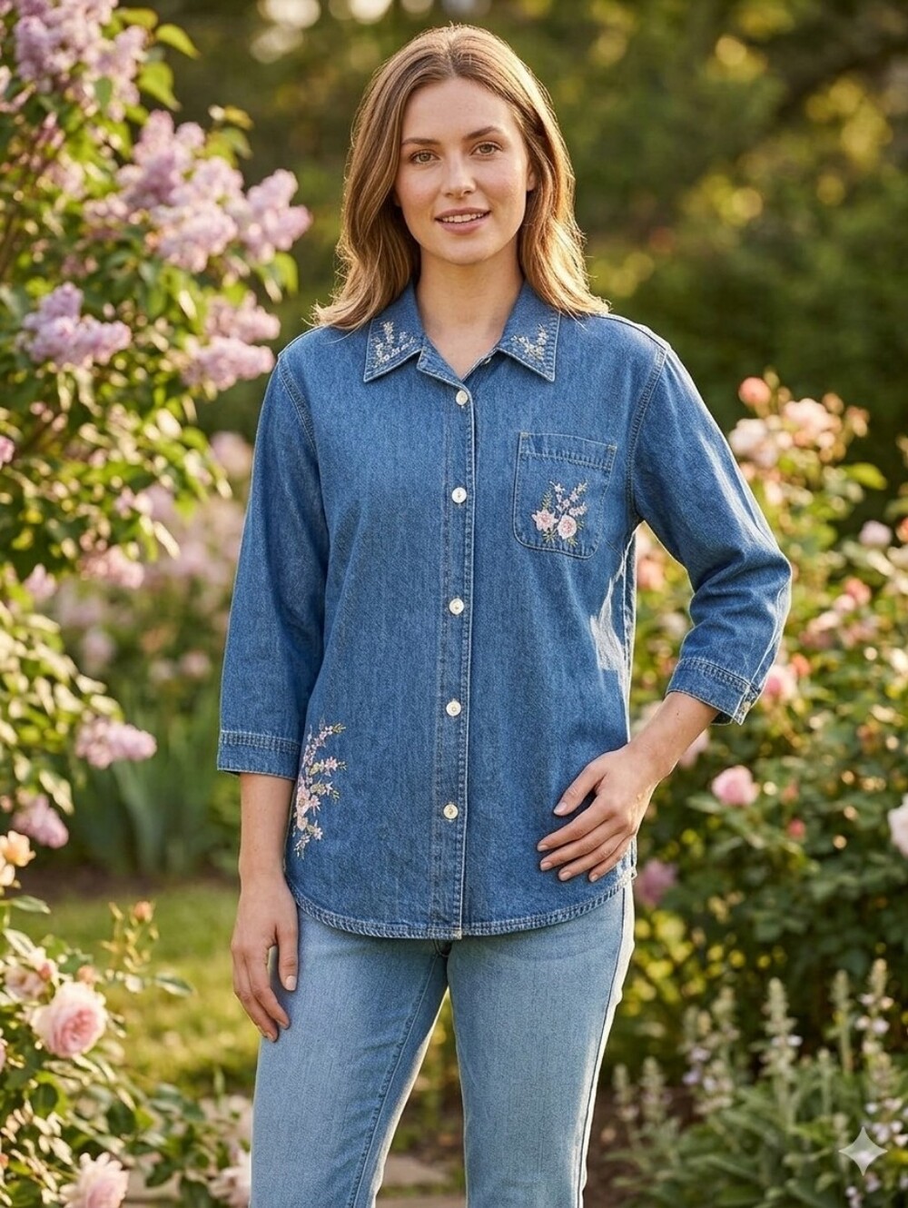 Vtg Susan Bristol Embroidery Denim Blouse